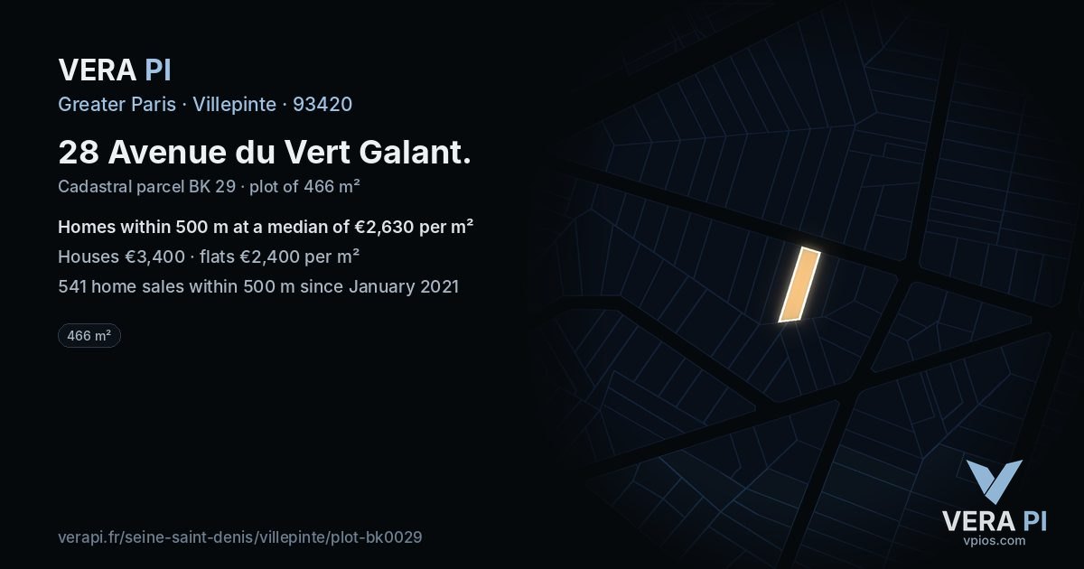 28 Avenue du Vert Galant, Villepinte at night – the plot lit, the parcels around coloured by the prices near them