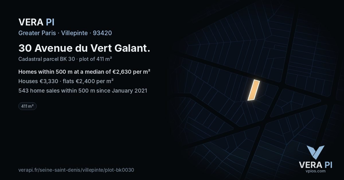 30 Avenue du Vert Galant, Villepinte at night – the plot lit, the parcels around coloured by the prices near them