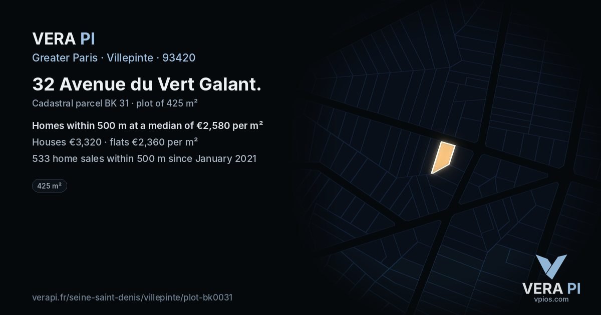 32 Avenue du Vert Galant, Villepinte at night – the plot lit, the parcels around coloured by the prices near them
