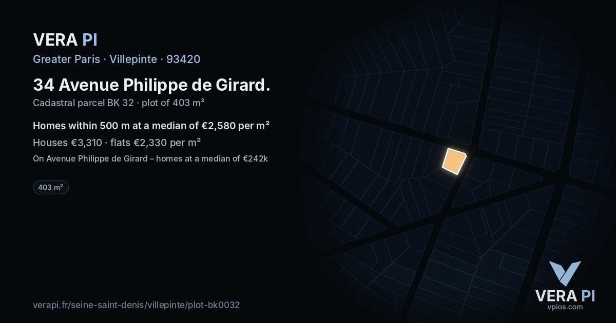 34 Avenue Philippe de Girard, Villepinte at night – the plot lit, the parcels around coloured by the prices near them