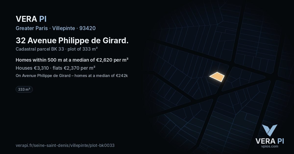 32 Avenue Philippe de Girard, Villepinte at night – the plot lit, the parcels around coloured by the prices near them