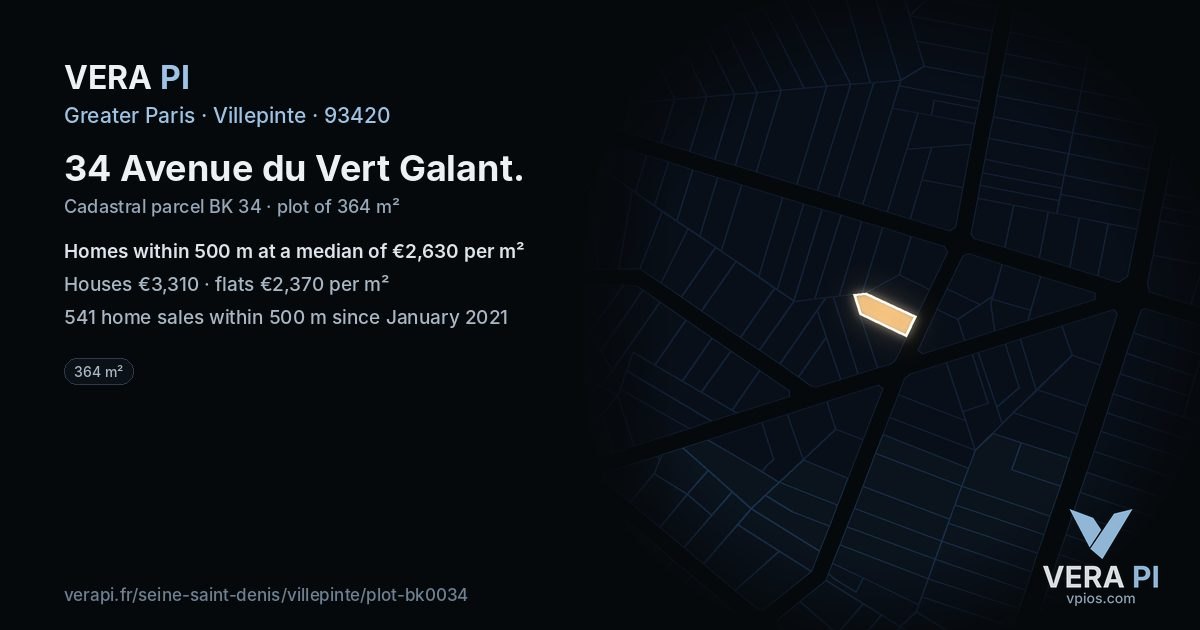 34 Avenue du Vert Galant, Villepinte at night – the plot lit, the parcels around coloured by the prices near them