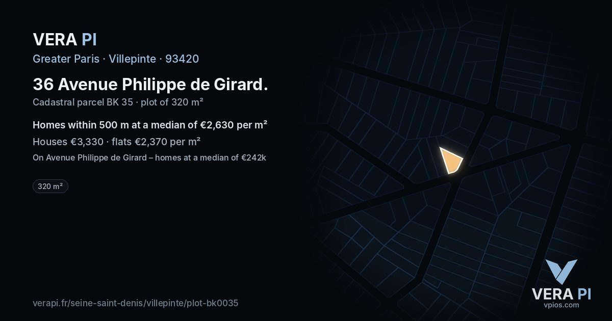 36 Avenue Philippe de Girard, Villepinte at night – the plot lit, the parcels around coloured by the prices near them