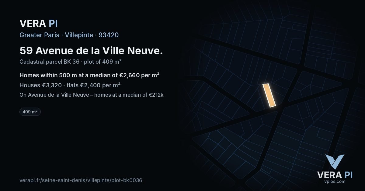 59 Avenue de la Ville Neuve, Villepinte at night – the plot lit, the parcels around coloured by the prices near them