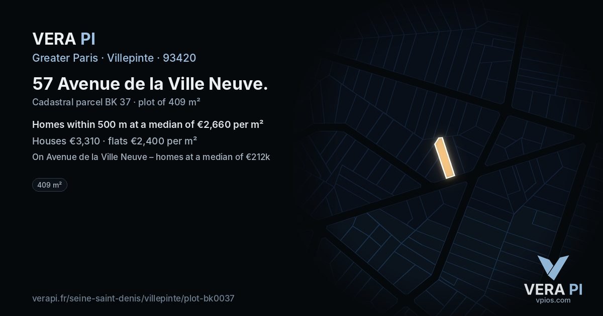 57 Avenue de la Ville Neuve, Villepinte at night – the plot lit, the parcels around coloured by the prices near them