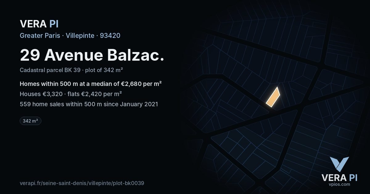 29 Avenue Balzac, Villepinte at night – the plot lit, the parcels around coloured by the prices near them