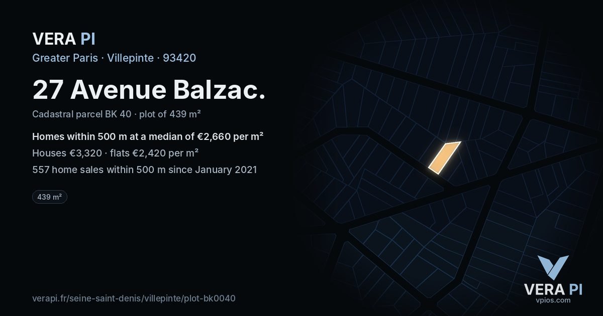 27 Avenue Balzac, Villepinte at night – the plot lit, the parcels around coloured by the prices near them