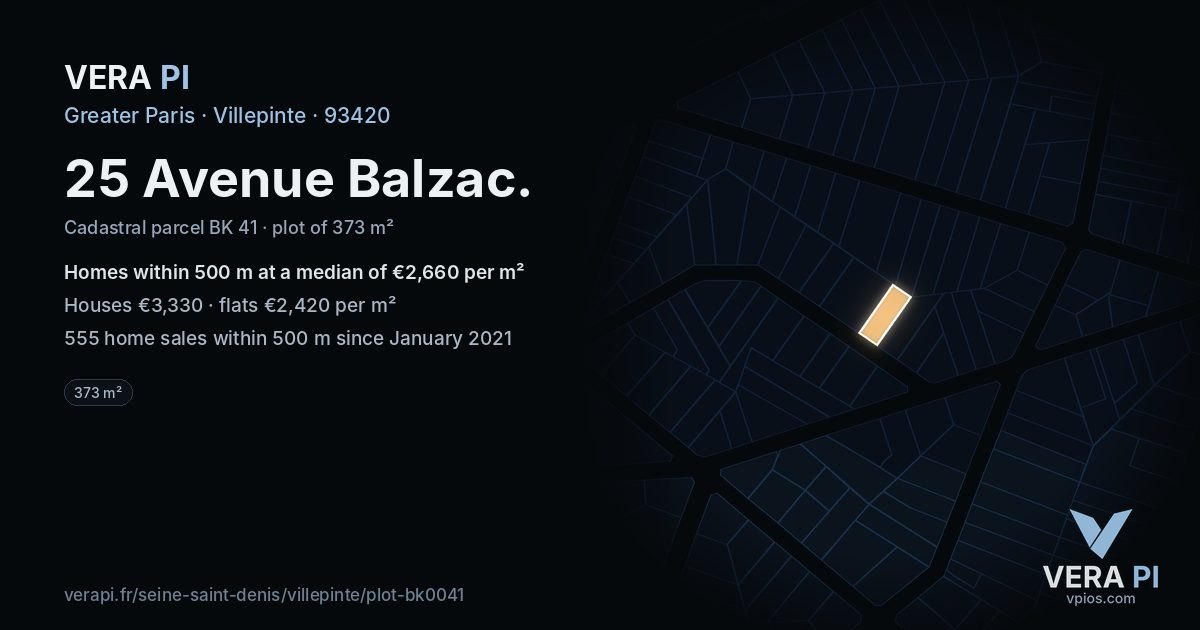 25 Avenue Balzac, Villepinte at night – the plot lit, the parcels around coloured by the prices near them