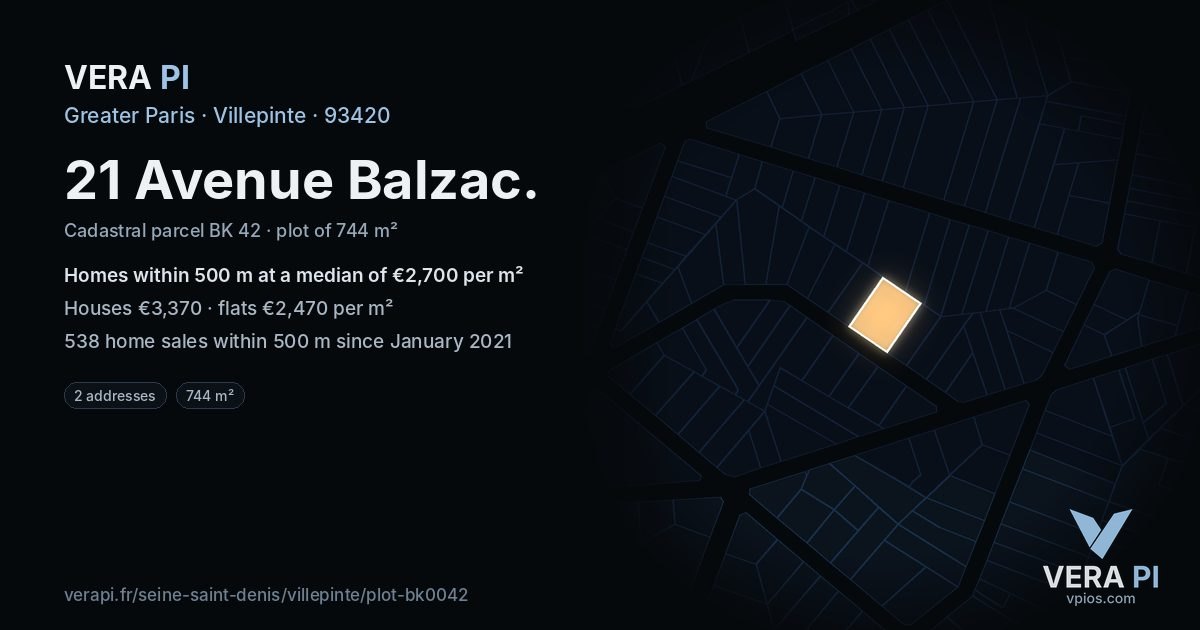 21 Avenue Balzac, Villepinte at night – the plot lit, the parcels around coloured by the prices near them