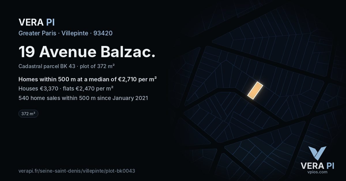 19 Avenue Balzac, Villepinte at night – the plot lit, the parcels around coloured by the prices near them
