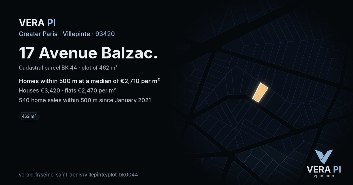 17 Avenue Balzac, Villepinte at night – the plot lit, the parcels around coloured by the prices near them