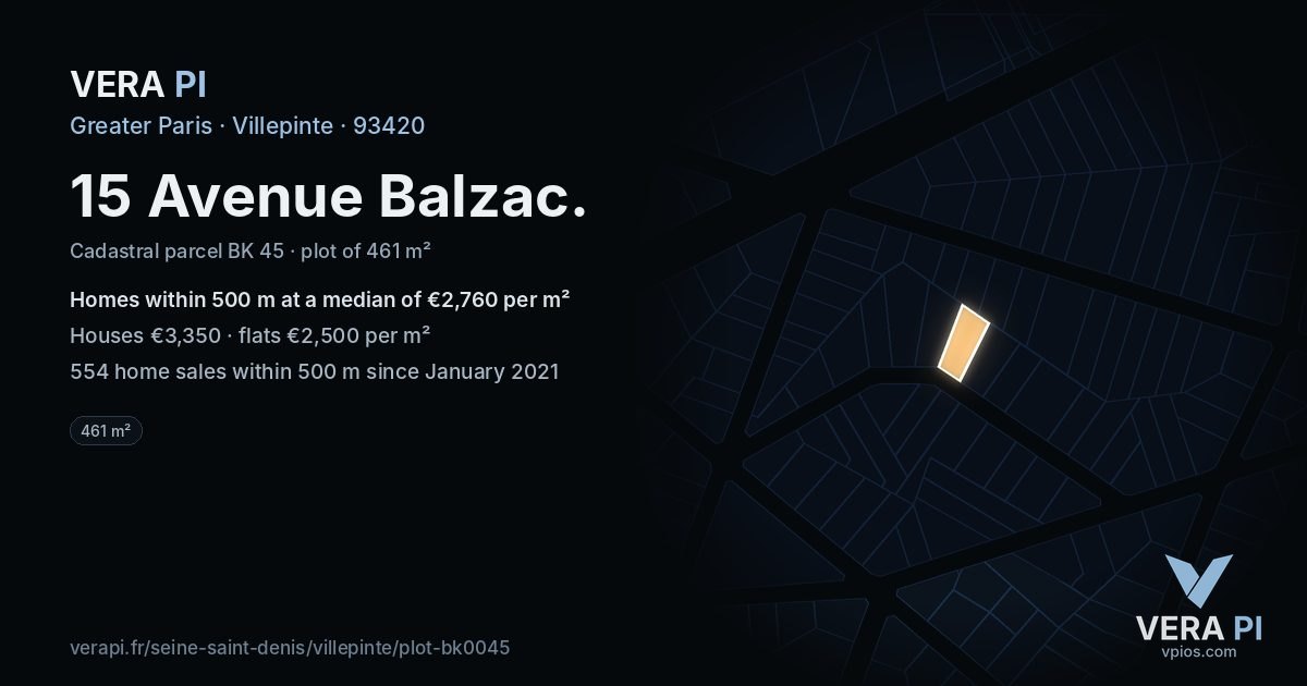 15 Avenue Balzac, Villepinte at night – the plot lit, the parcels around coloured by the prices near them