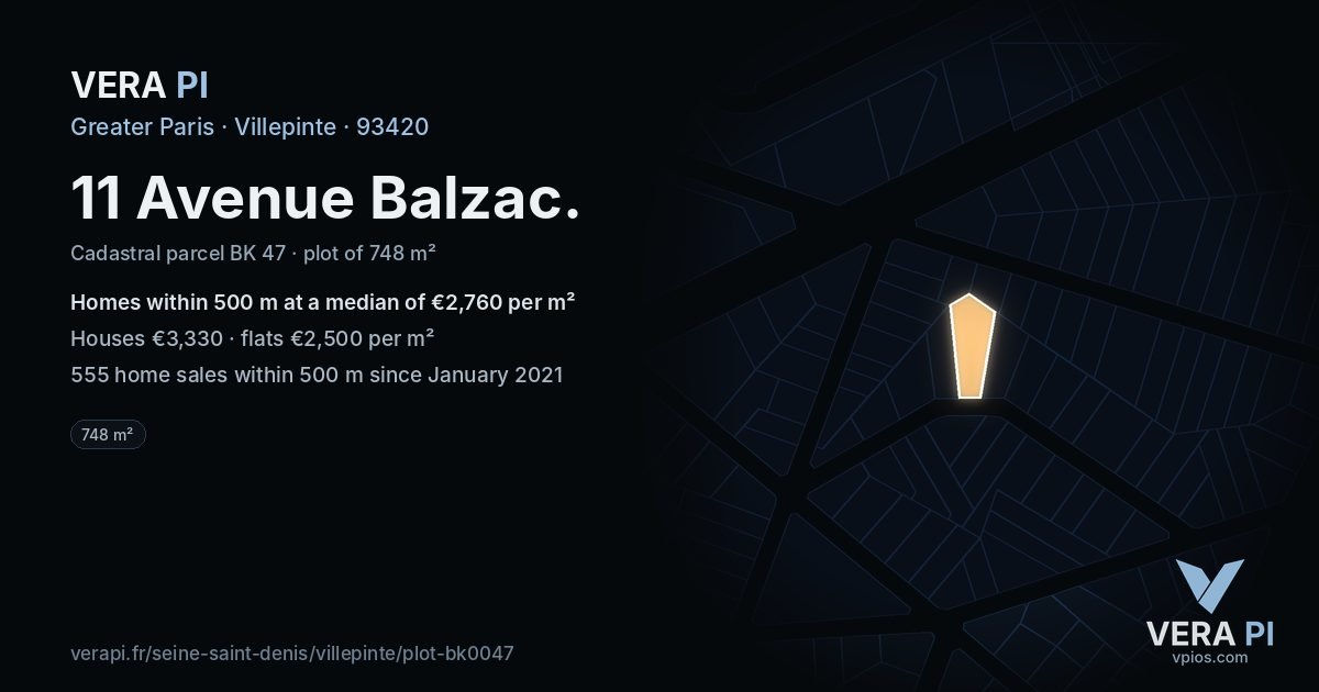 11 Avenue Balzac, Villepinte at night – the plot lit, the parcels around coloured by the prices near them