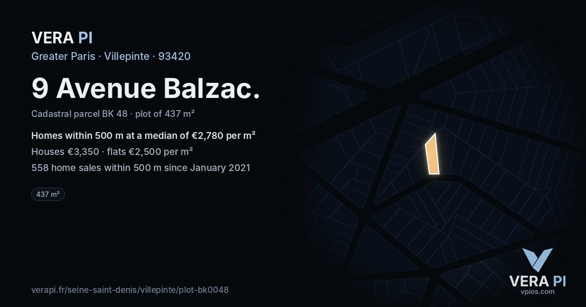 9 Avenue Balzac, Villepinte at night – the plot lit, the parcels around coloured by the prices near them