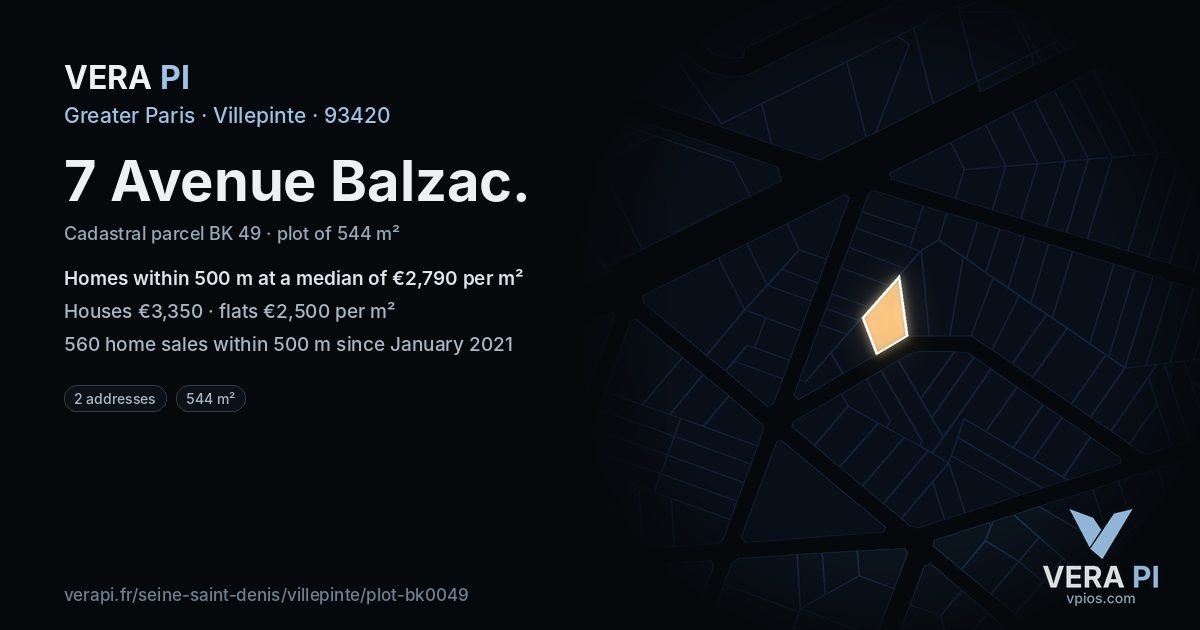 7 Avenue Balzac, Villepinte at night – the plot lit, the parcels around coloured by the prices near them