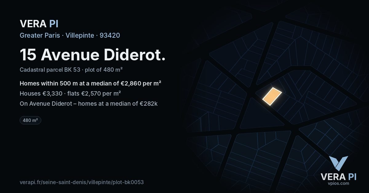 15 Avenue Diderot, Villepinte at night – the plot lit, the parcels around coloured by the prices near them
