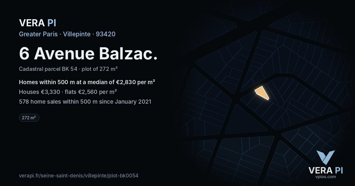 6 Avenue Balzac, Villepinte at night – the plot lit, the parcels around coloured by the prices near them