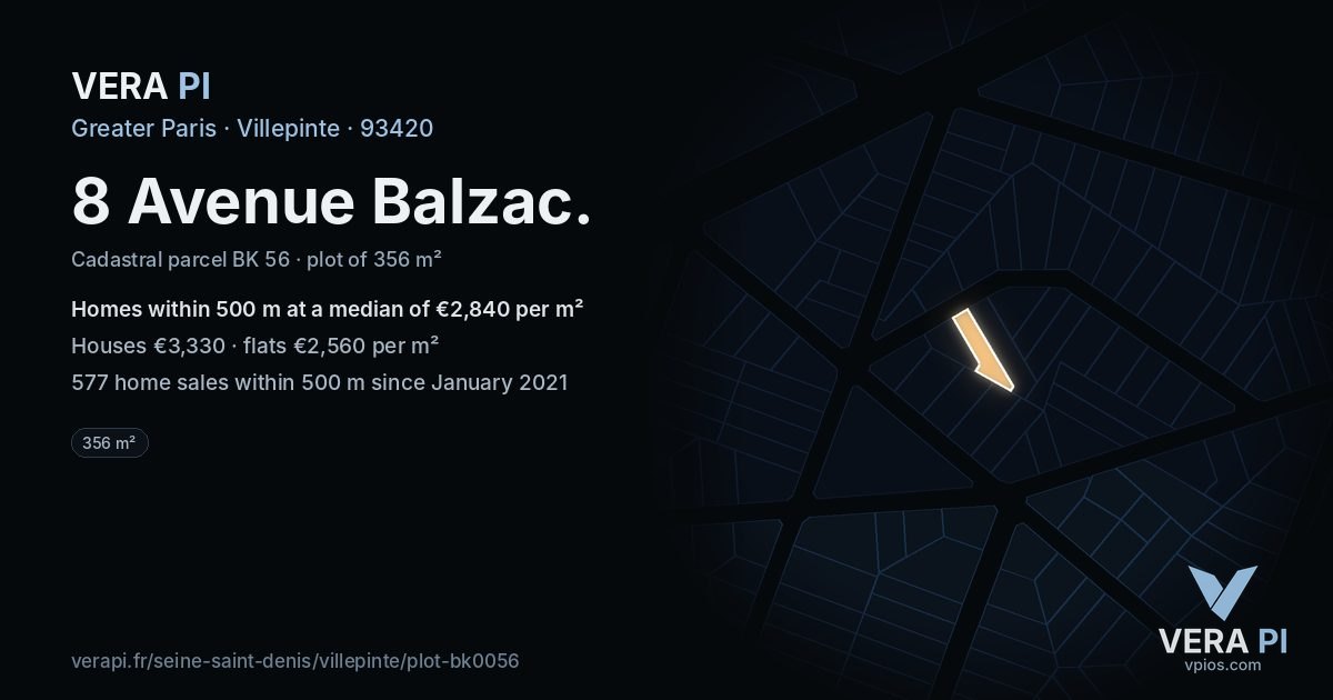 8 Avenue Balzac, Villepinte at night – the plot lit, the parcels around coloured by the prices near them