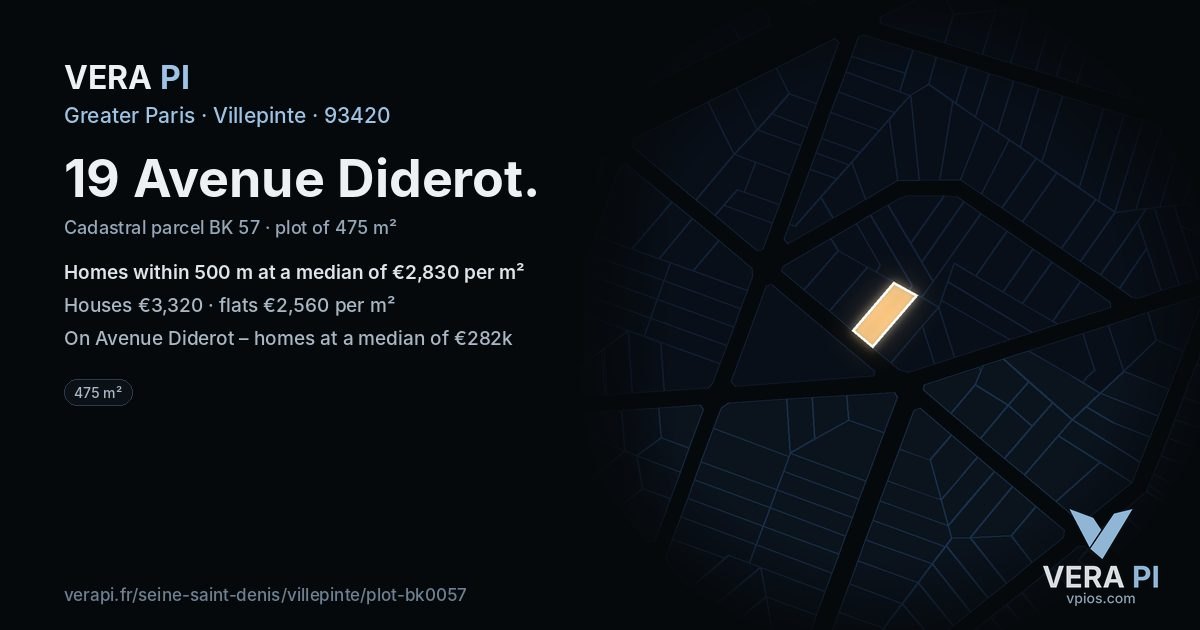 19 Avenue Diderot, Villepinte at night – the plot lit, the parcels around coloured by the prices near them