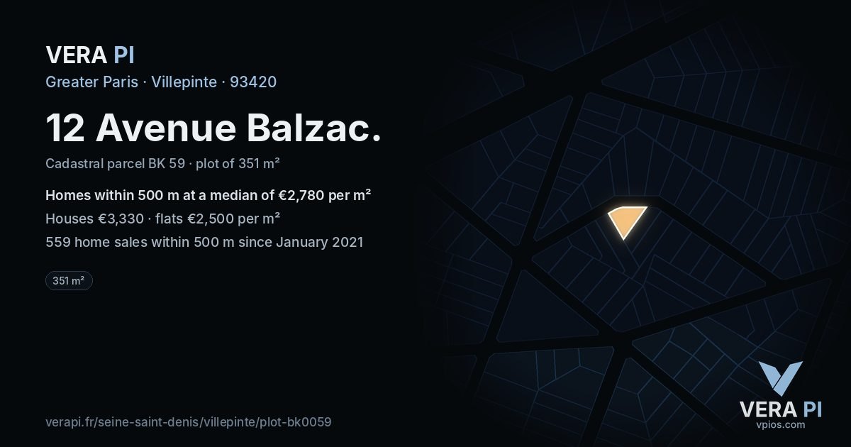 12 Avenue Balzac, Villepinte at night – the plot lit, the parcels around coloured by the prices near them