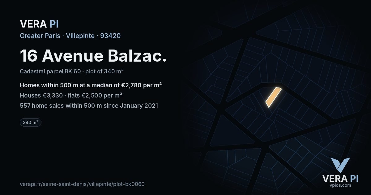 16 Avenue Balzac, Villepinte at night – the plot lit, the parcels around coloured by the prices near them
