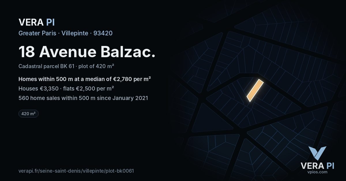 18 Avenue Balzac, Villepinte at night – the plot lit, the parcels around coloured by the prices near them