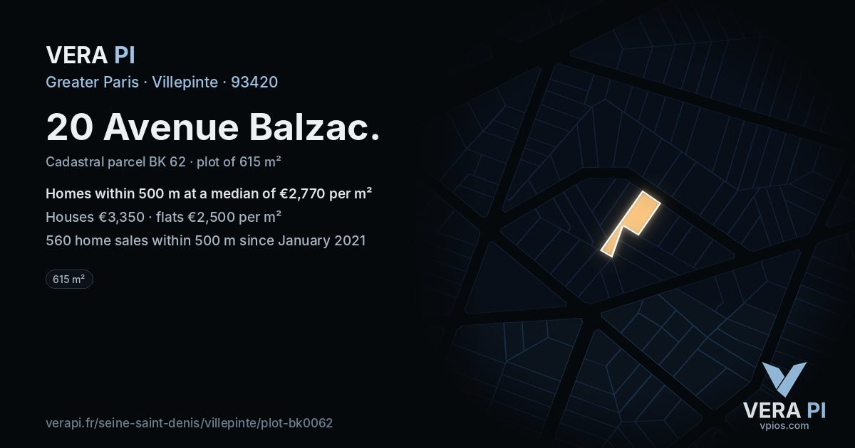 20 Avenue Balzac, Villepinte at night – the plot lit, the parcels around coloured by the prices near them