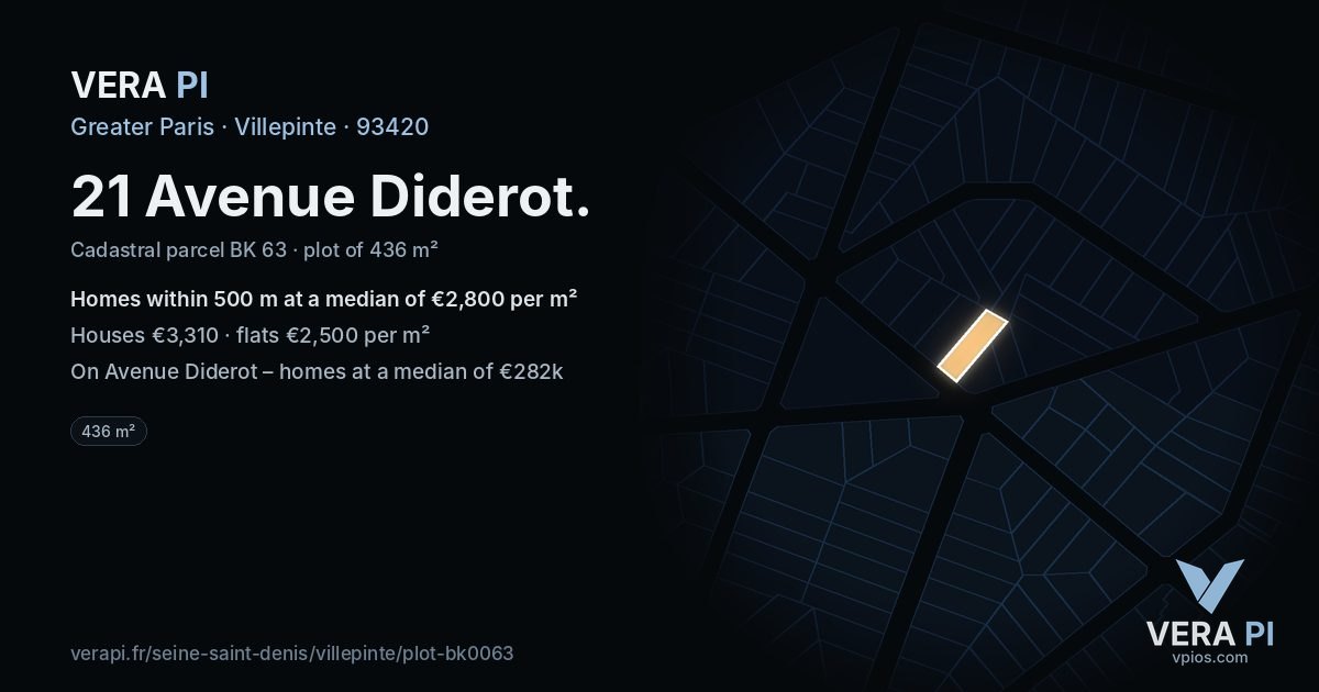 21 Avenue Diderot, Villepinte at night – the plot lit, the parcels around coloured by the prices near them