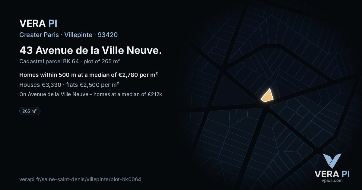 43 Avenue de la Ville Neuve, Villepinte at night – the plot lit, the parcels around coloured by the prices near them