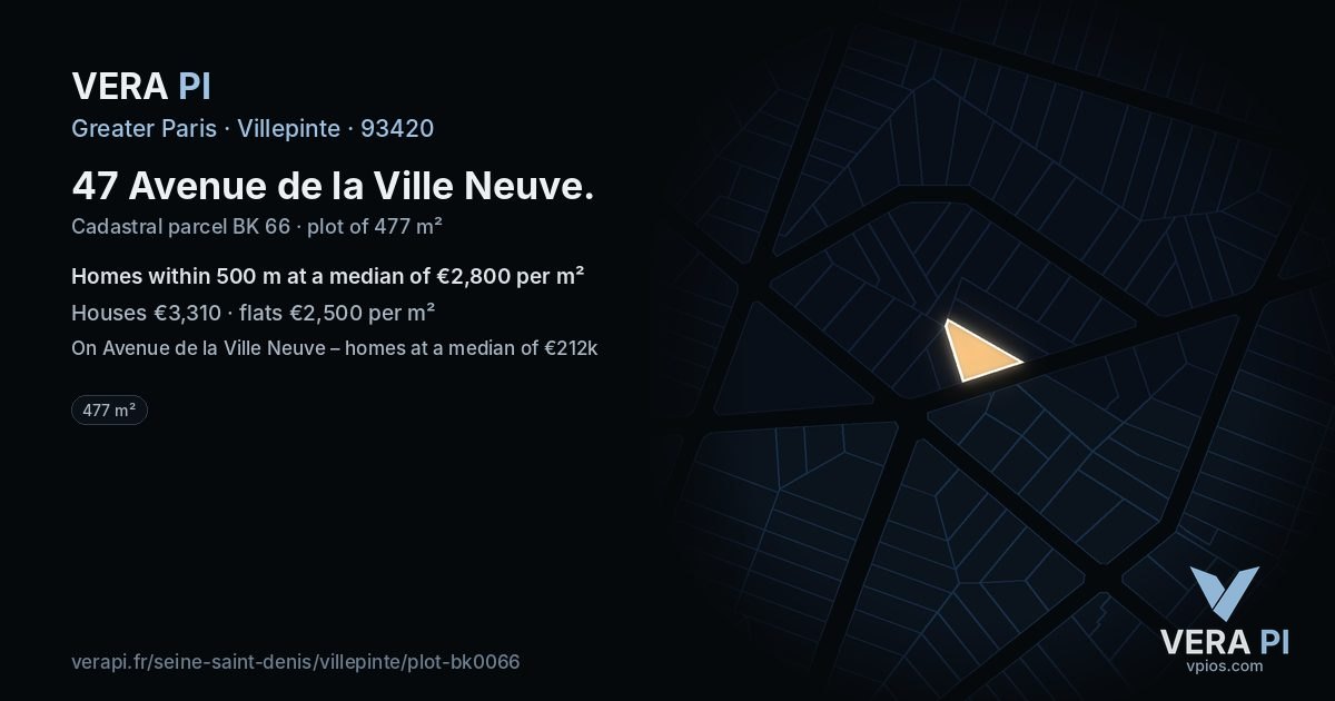 47 Avenue de la Ville Neuve, Villepinte at night – the plot lit, the parcels around coloured by the prices near them