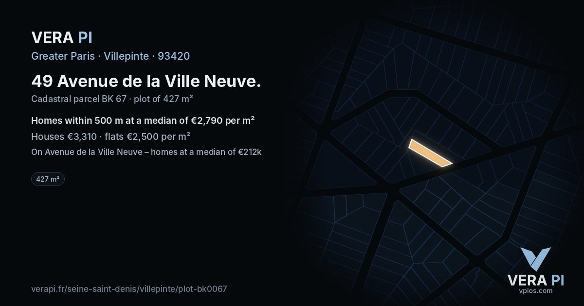 49 Avenue de la Ville Neuve, Villepinte at night – the plot lit, the parcels around coloured by the prices near them