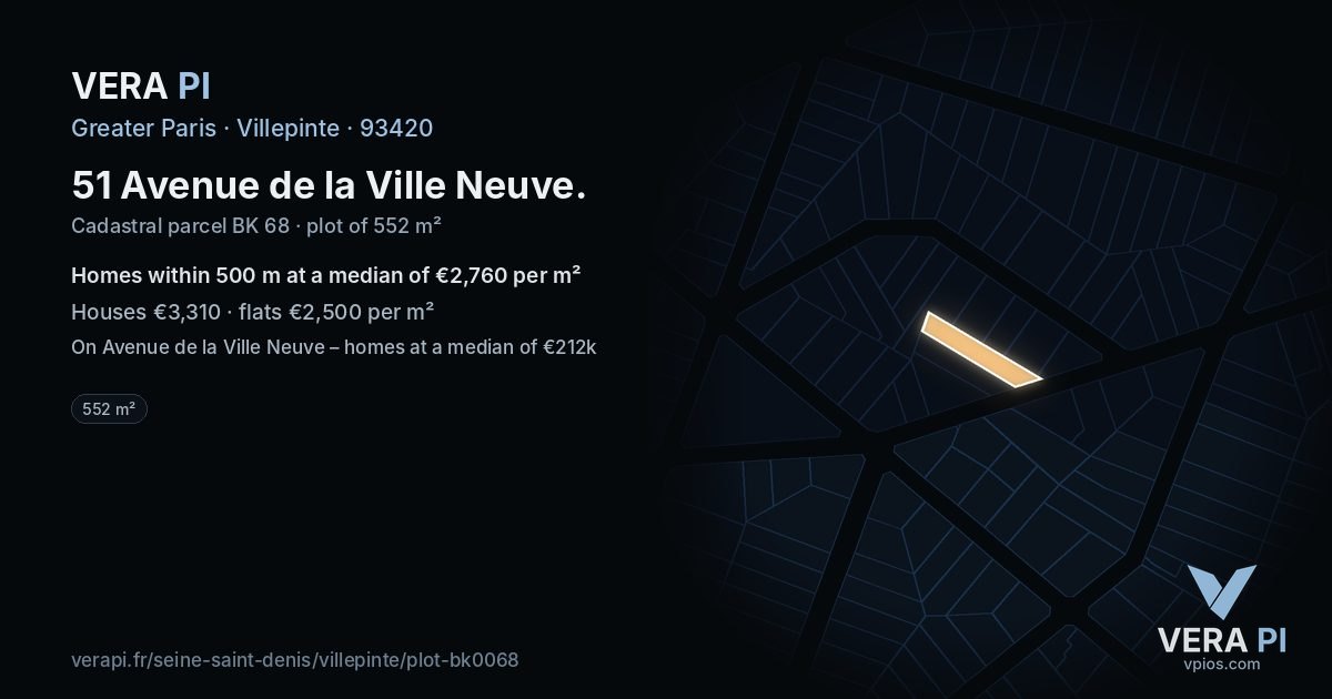 51 Avenue de la Ville Neuve, Villepinte at night – the plot lit, the parcels around coloured by the prices near them
