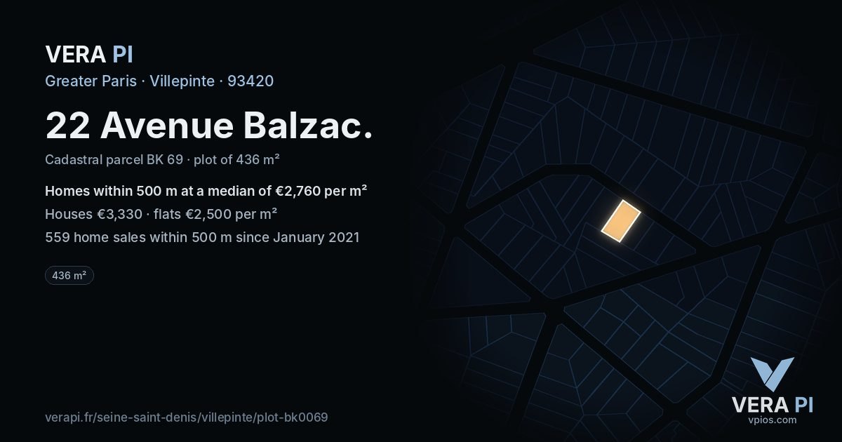 22 Avenue Balzac, Villepinte at night – the plot lit, the parcels around coloured by the prices near them