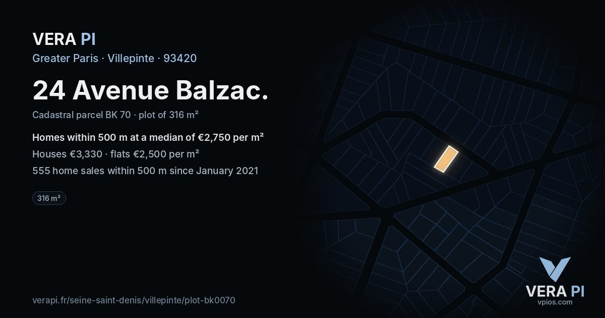 24 Avenue Balzac, Villepinte at night – the plot lit, the parcels around coloured by the prices near them
