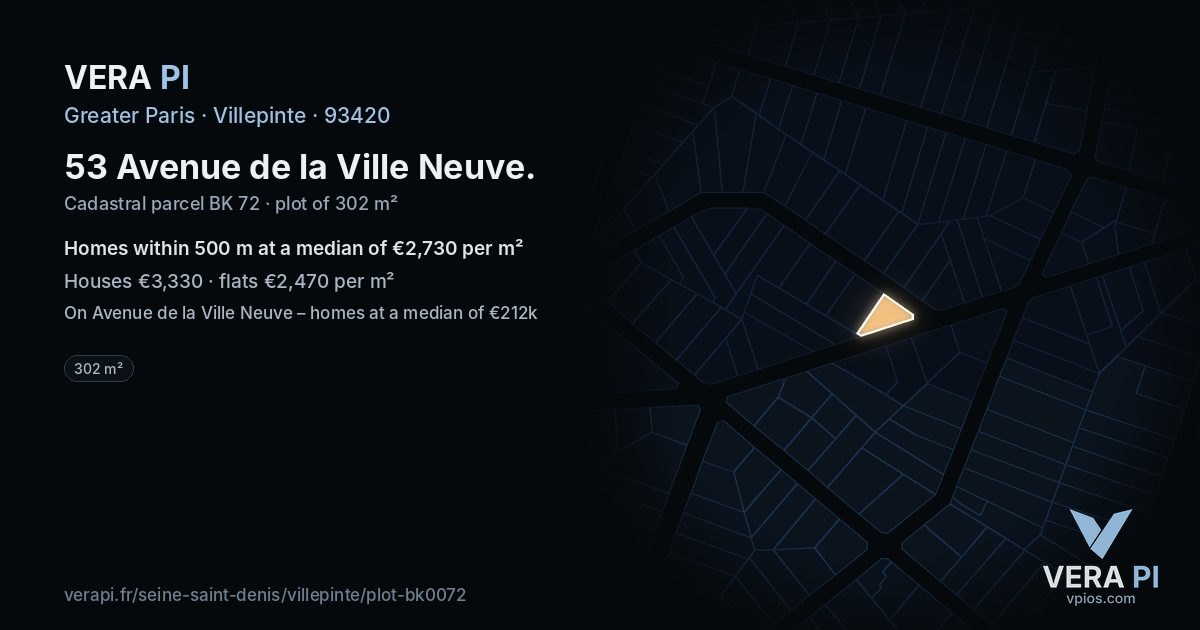 53 Avenue de la Ville Neuve, Villepinte at night – the plot lit, the parcels around coloured by the prices near them
