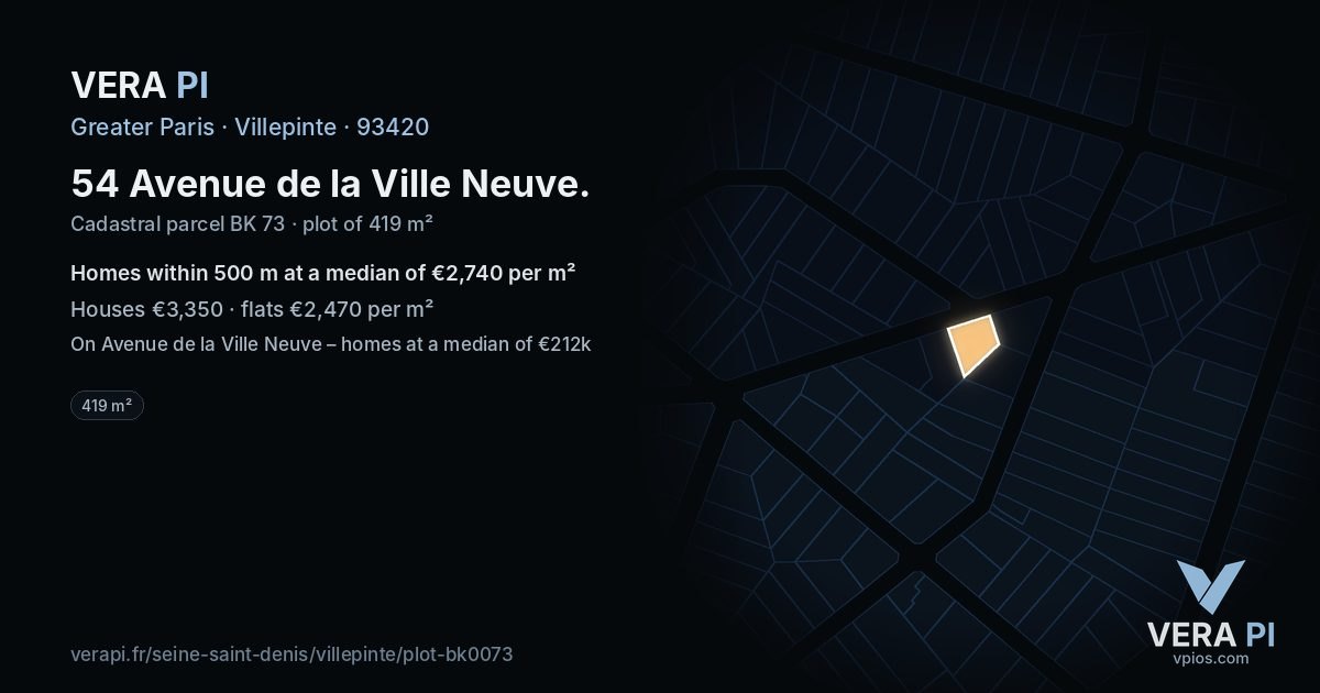 54 Avenue de la Ville Neuve, Villepinte at night – the plot lit, the parcels around coloured by the prices near them