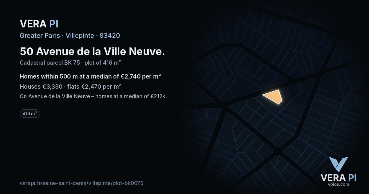 50 Avenue de la Ville Neuve, Villepinte at night – the plot lit, the parcels around coloured by the prices near them