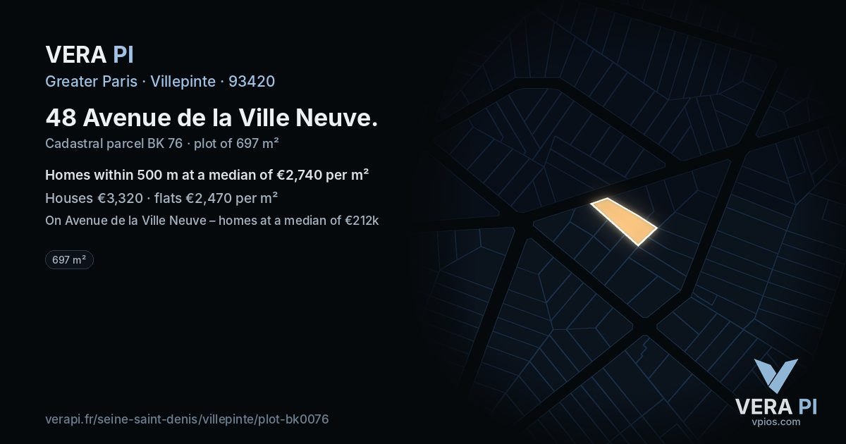 48 Avenue de la Ville Neuve, Villepinte at night – the plot lit, the parcels around coloured by the prices near them