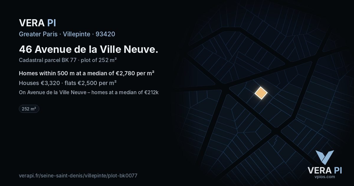 46 Avenue de la Ville Neuve, Villepinte at night – the plot lit, the parcels around coloured by the prices near them