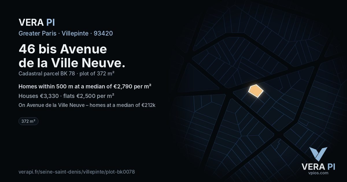 46 bis Avenue de la Ville Neuve, Villepinte at night – the plot lit, the parcels around coloured by the prices near them