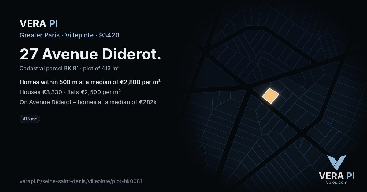 27 Avenue Diderot, Villepinte at night – the plot lit, the parcels around coloured by the prices near them