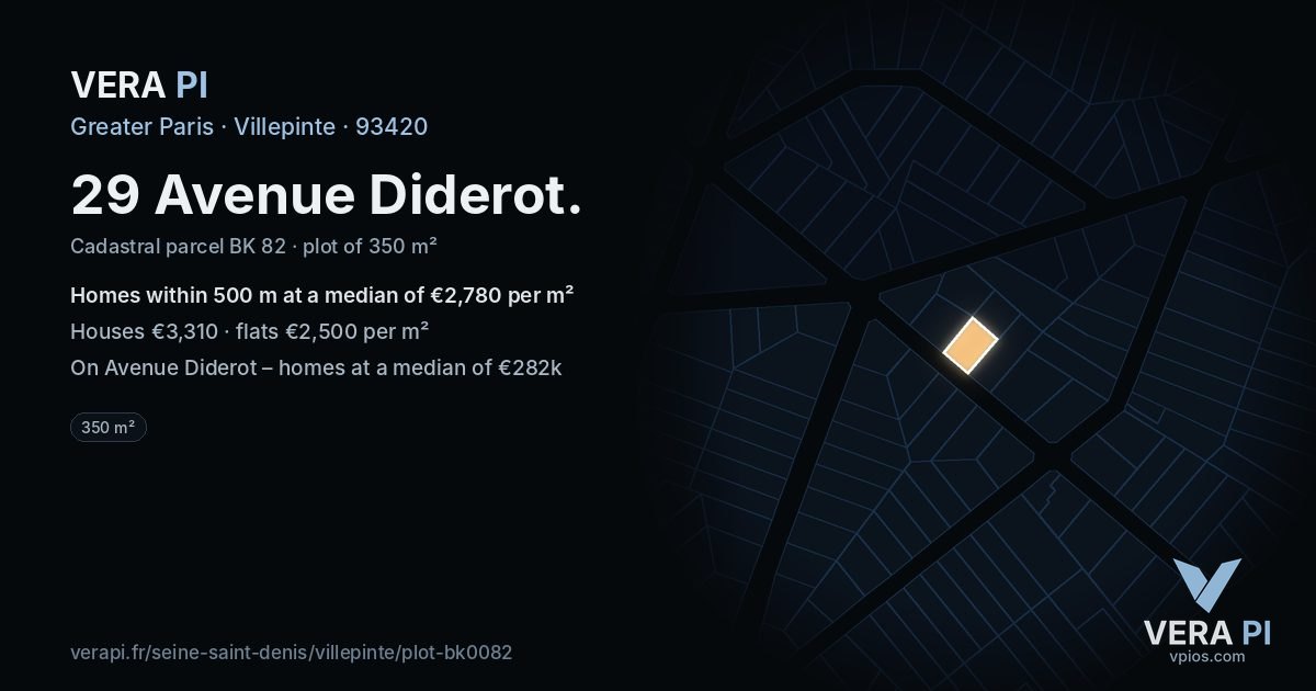 29 Avenue Diderot, Villepinte at night – the plot lit, the parcels around coloured by the prices near them