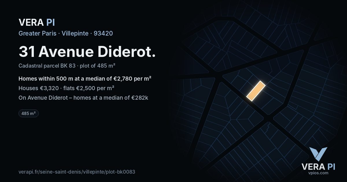 31 Avenue Diderot, Villepinte at night – the plot lit, the parcels around coloured by the prices near them