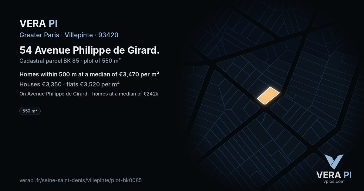 54 Avenue Philippe de Girard, Villepinte at night – the plot lit, the parcels around coloured by the prices near them