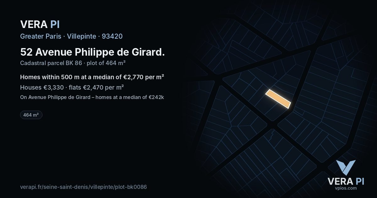 52 Avenue Philippe de Girard, Villepinte at night – the plot lit, the parcels around coloured by the prices near them