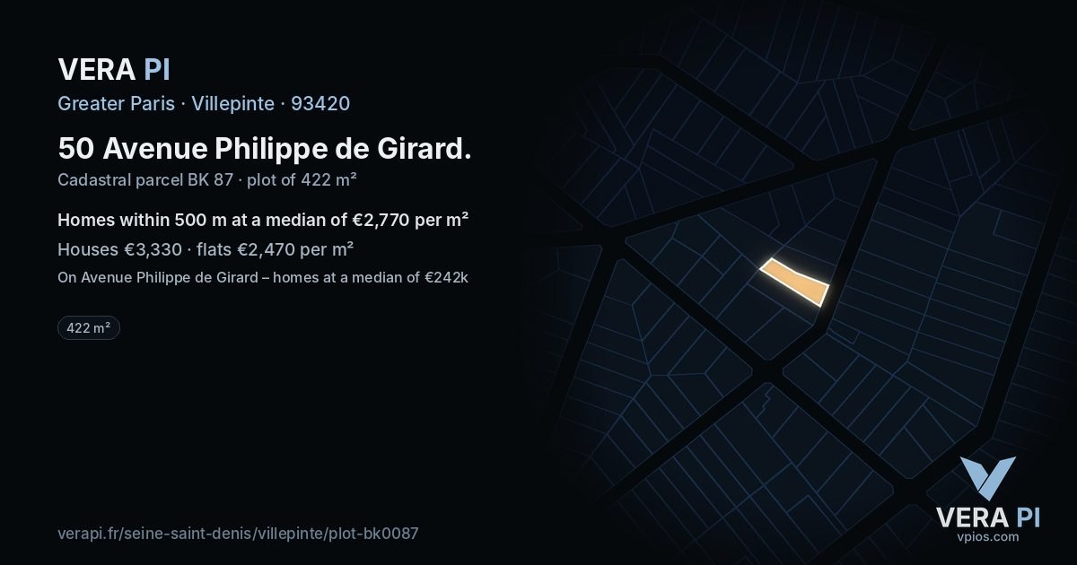 50 Avenue Philippe de Girard, Villepinte at night – the plot lit, the parcels around coloured by the prices near them