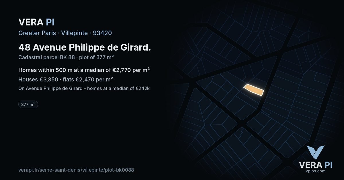 48 Avenue Philippe de Girard, Villepinte at night – the plot lit, the parcels around coloured by the prices near them