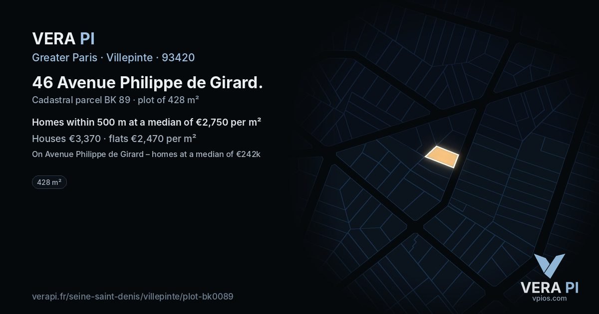 46 Avenue Philippe de Girard, Villepinte at night – the plot lit, the parcels around coloured by the prices near them