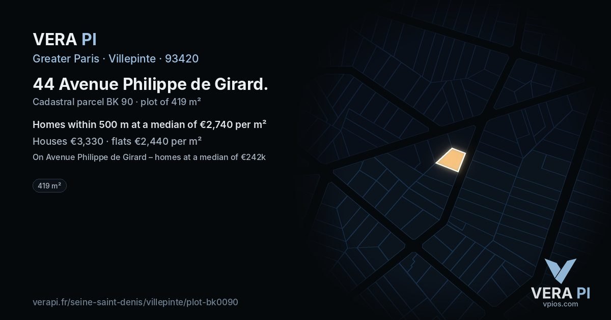 44 Avenue Philippe de Girard, Villepinte at night – the plot lit, the parcels around coloured by the prices near them