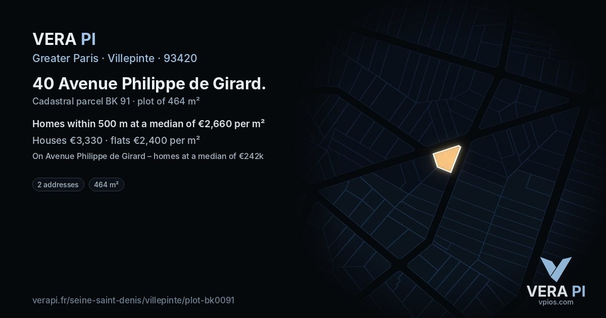 40 Avenue Philippe de Girard, Villepinte at night – the plot lit, the parcels around coloured by the prices near them